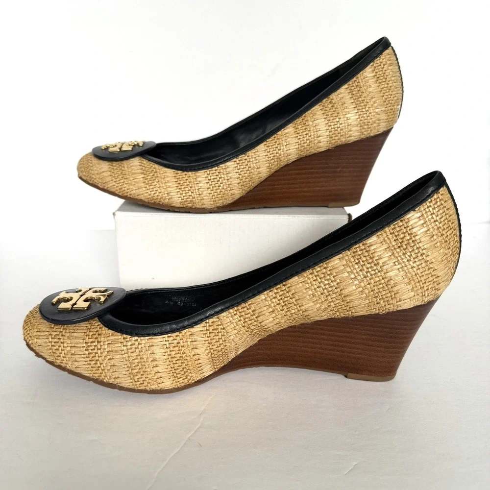 Tory Burch Sally Raffia Wedge Heel Shoes Size 11 Black Leather Lg Logo Career